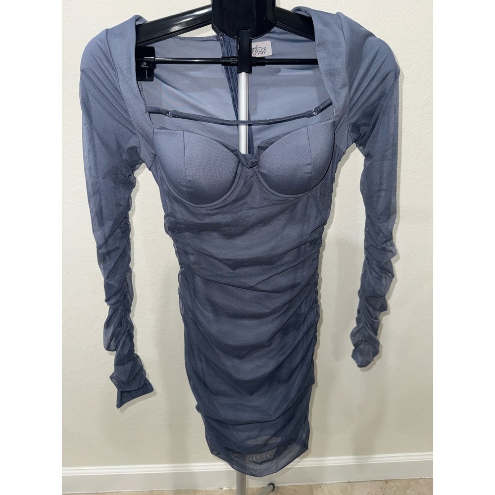 Oh Polly Blue Mesh Ruched Mini Dress Underwire‎ Long Sleeve Bodycon US 4 UK 8